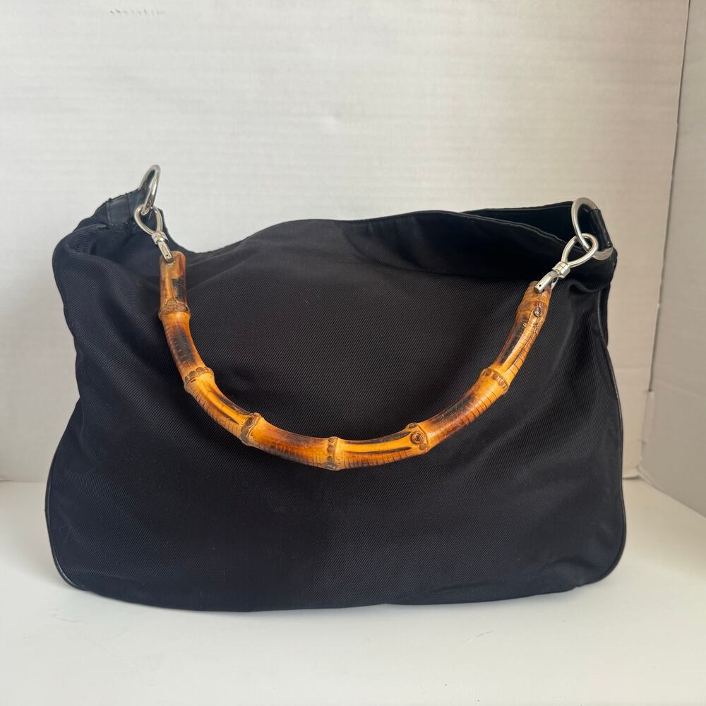 Gucci Large black bag bamboo handle shoulder purse Nylon vintage classic design - Picture 3 of 17